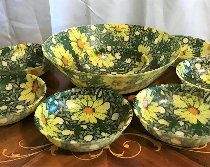 Vintage Mod Traymold Fiberglass Floral Serving Bowl Plus Seven Matching