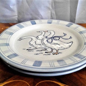 2 Vintage Louisville Stoneware Gaggle Of Geese Blue Gingham 11 inch Luncheon Plates, Dining Plates,  Dining And Serving