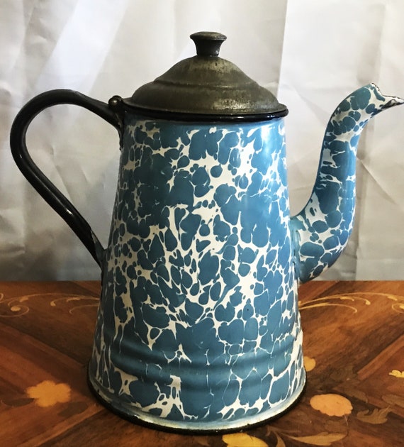 Vintage Graniteware Mediun Cowboy Coffee Pot Blue Speckled 