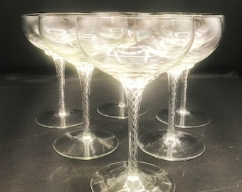 Set of Six Handblown Champagne Glasses, Clear Air Twist Stems 5 3/4" Tall
