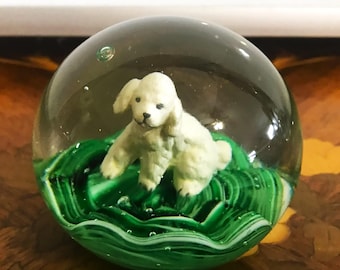 Hand Blown Joe St. Claire 3" Green Swirl Ribbon with Poodle Dog Art Glass Paperweight with Controlled Bubble