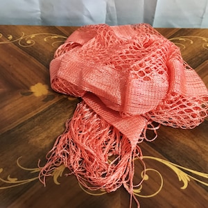 Vintage Women’s Scarf, Head Scarf, Neck Scarf, Silky Scarf, Peach Colored, Rectangular, Fringed,