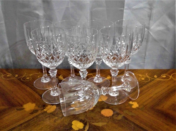 Eight Vintage Lead Crystal Footed Wine Glasses, Diamond and Ribs