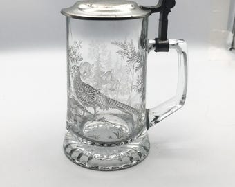 Clear Glass Etched Beer Stein with Pewter Lid Woodland Scene 5.75" Tall