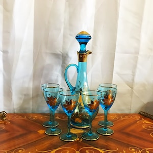 Bohemian Blue And Gold Glass Wine Decanter Set And 6 Glasses 1950&#39;s