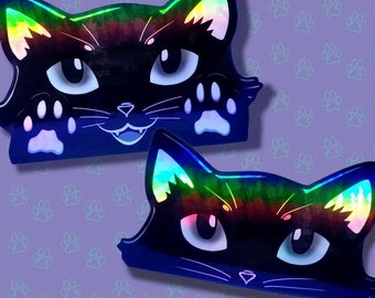 Cat-Window-Peeker Cat Peeking Sticker |Cat Face and Paws| Holographic Black 5.38"x3.5"-5.5"x2.89"