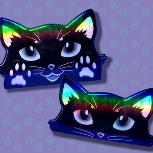 Cat-Window-Peeker Cat Peeking Sticker |Cat Face and Paws| Holographic Black 5.38&quot;x3.5&quot;-5.5&quot;x2.89&quot;
