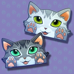 Cat-Window-Peeker Cat Peeking Sticker |Cat Face and Paws| Silver-Grey 5.5&quot;x3.5&quot;