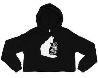 Cats. Coffee. Cosplay. Crop Hoodie Long - Sleeve Unisex Cropped Hoodie Cat-Cute-Vector | Cat Shirt White | Size S - 2XL