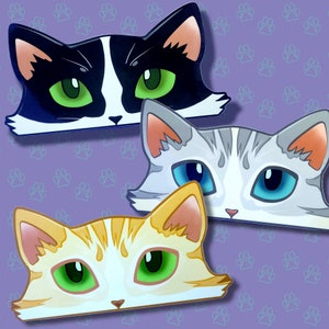 Cat-Window-Peeker Katzenaufkleber | Katzengesicht Sticker| Schwarz-Weiss-Silber-Weiss-Orange-Weiss-Punkt 14cm x 7cm