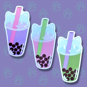 Cat-Cute-Matte Boba Cat - Taro - Strawberry - Matcha - Kawaii Boba Cat Face Sticker |Cat Expressions Funny Sticker Matte| 2.48&quot;x5&quot;