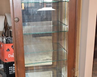 Vintage Lighted Curio Cabinet Glass Shelves Mirrored Back Display Case-Drawer