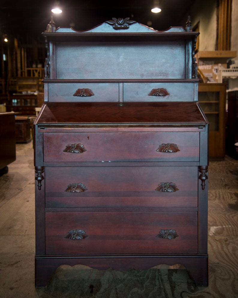 Antique Drop Front Secretary Desk Cherry Finish Vintage Furniture