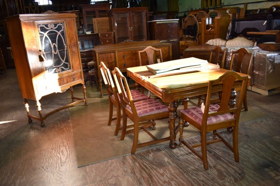 Sold Tudor 1925 Antique Carved Oak Dining Set Table 6 Chairs