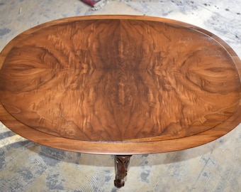 Restored Vintage Oval Glass Tray Top Side Table Carved Legs Brass Handles