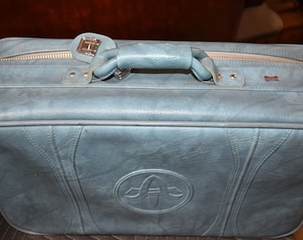 Rare Vintage 1970's Blue Leather Suitcase by American