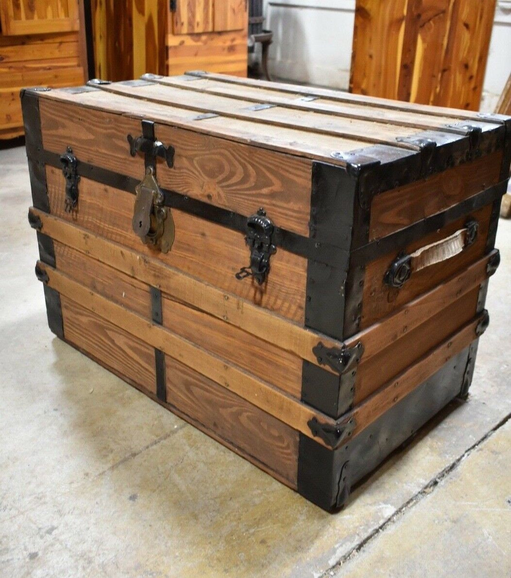 Antique Steamer Trunk G.U Witney Maker Flat Top Wood chest Coffee Tabl -  antiques - by owner - collectibles sale 