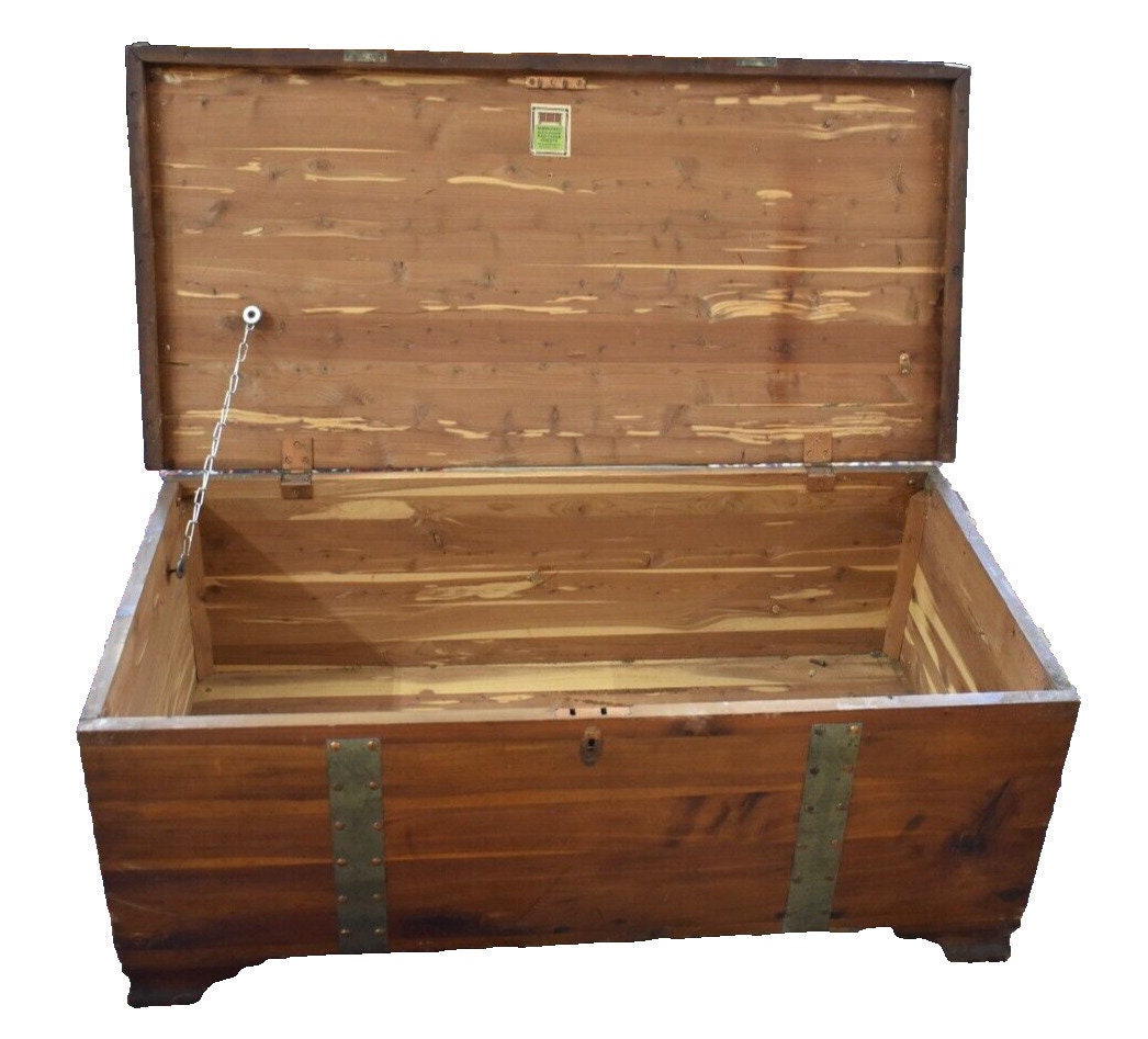 Antique Solid Red Cedar Vintage Chest With Metal Straps, by