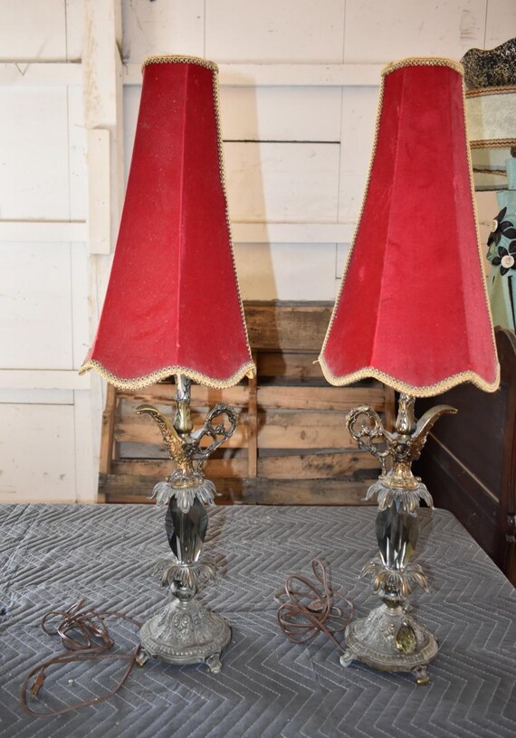 Vintage Hollywood Regency Genie Lamp Pair Velvet Bell Shades 1940s 1950s Brass