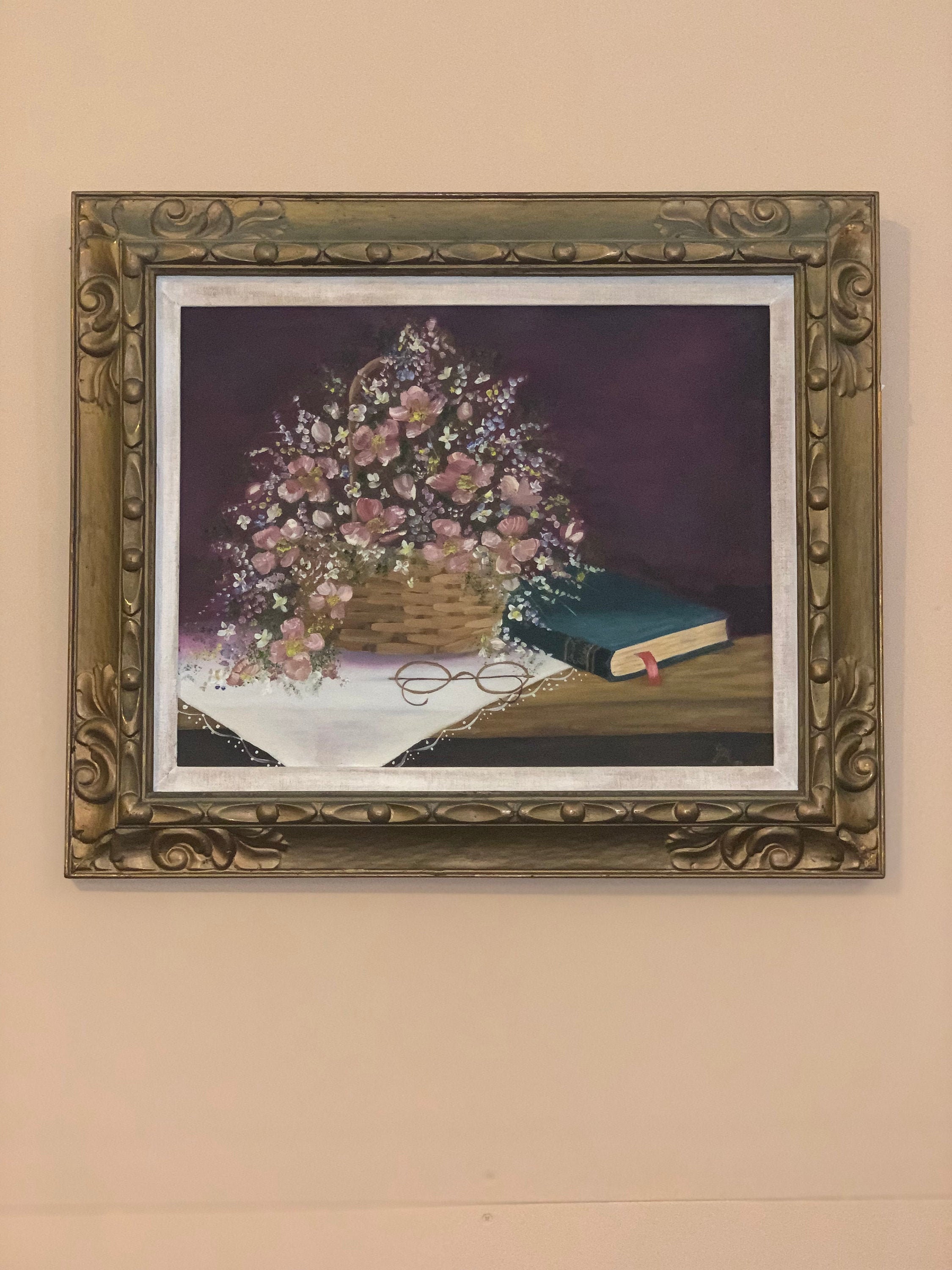 Vintage Framed Painting on Canvas Still Life Floral With Book - Etsy