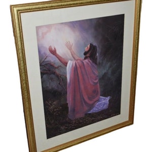 Vintage Religious Print, Jesus praying in the Garden of Gethsemane, Signed Haley