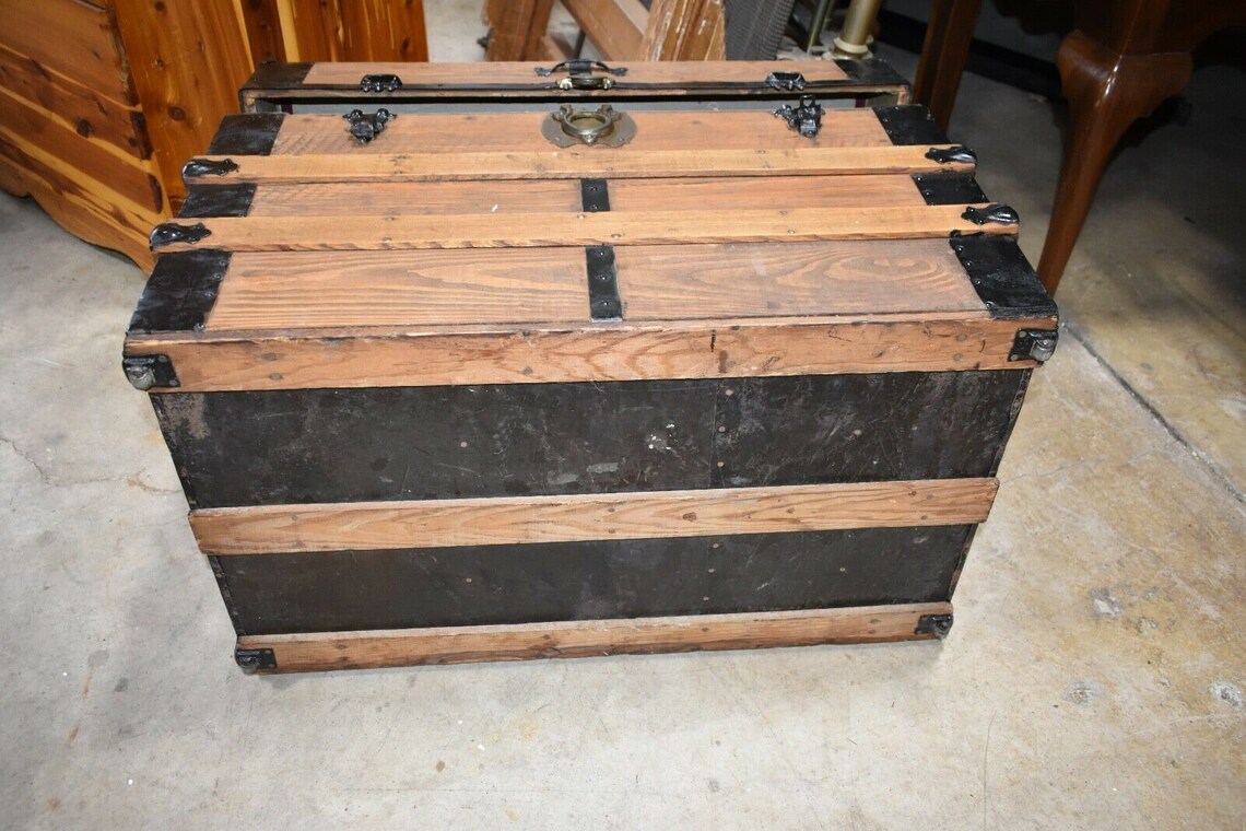 Refinished Antique Flat Top Wood Slat Brown Trunk Primitive Etsy