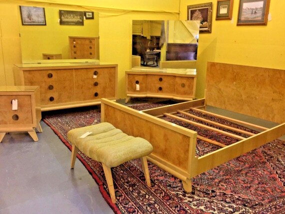 Antique Mid Century Modern Blond Bedroom Set Full Queen Vintage Furniture