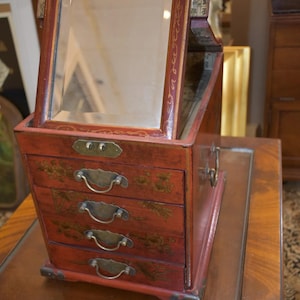 Vintage Chinese Red Lacquer Jewelry Box Mirror Chest 5 Drawers Chinoiserie