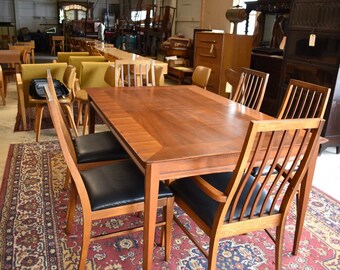 Mid Century LANE Dining Set, Table & 6 Black Upholstered Chairs