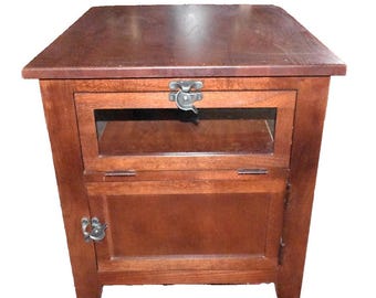 Restored Mission Style Wood End Table Cabinet Glass Door Arts Crafts Side Table