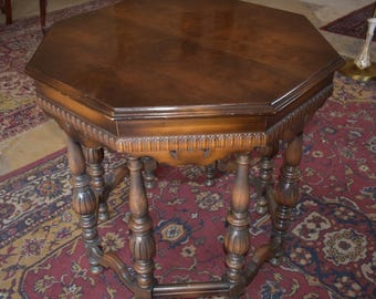 Vintage Octagonal Walnut Side Table Burl Top Turned Legs Traditional Octogon