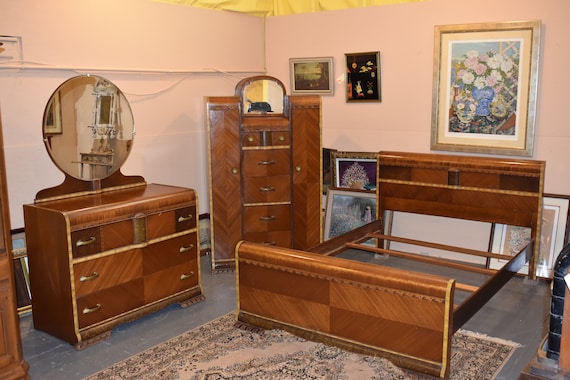 Mid Century Modern Art Deco Waterfall Full Size Bedroom Set Vintage Furniture