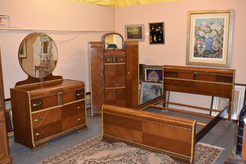 mid century modern art deco waterfall full size bedroom set vintage  furniture