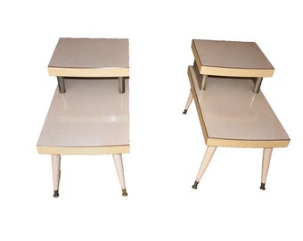 Pair Mid Century Modern Step End Tables Brass Lattice Two Tier Atomic Nightstand