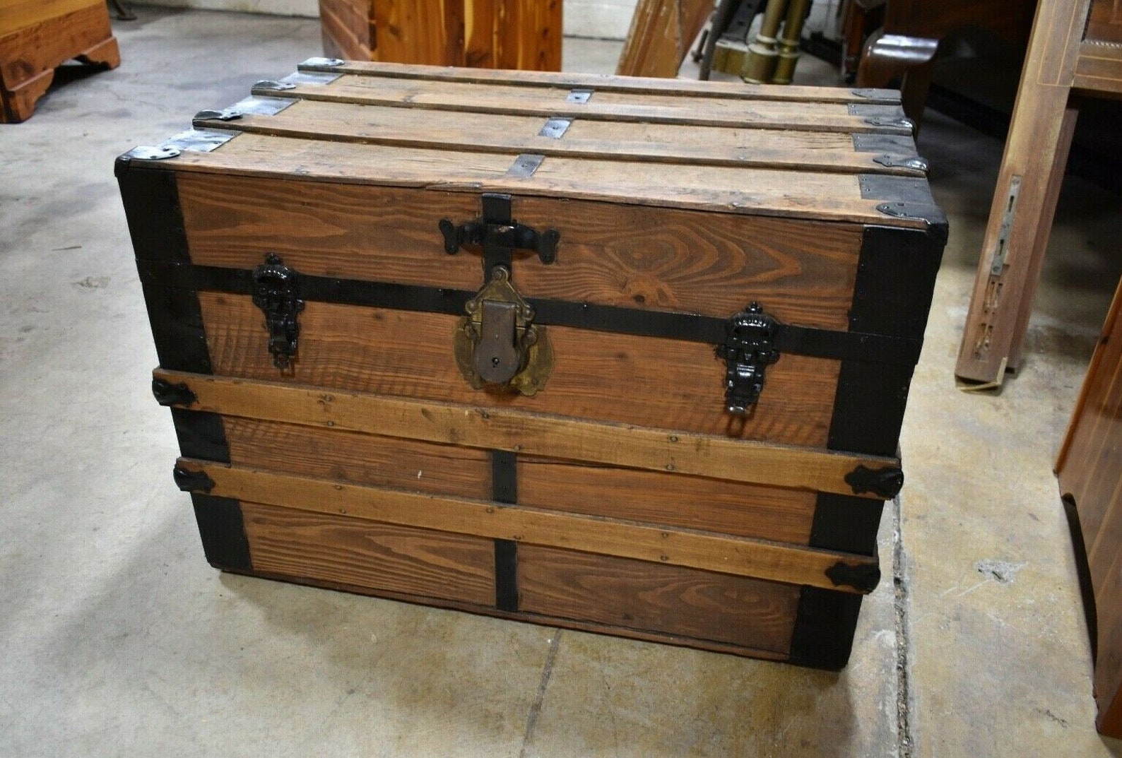 Refinished Antique Flat Top Wood Slat Brown Trunk Primitive Etsy