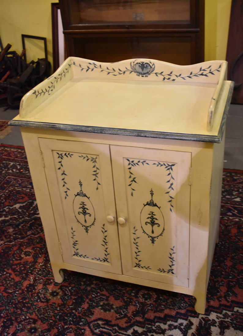 Vintage Painted Cabinet Cupboard Cream With Blue Stencil Etsy