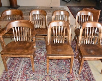 Set 7 Gunlocke Banker Office Dining Chairs Vintage Solid Wood 2 Arm 5 Side