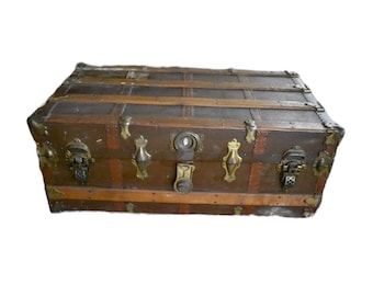 Antique Primitive Oak Slat Flat Top Steamer Trunk, vintage luggage