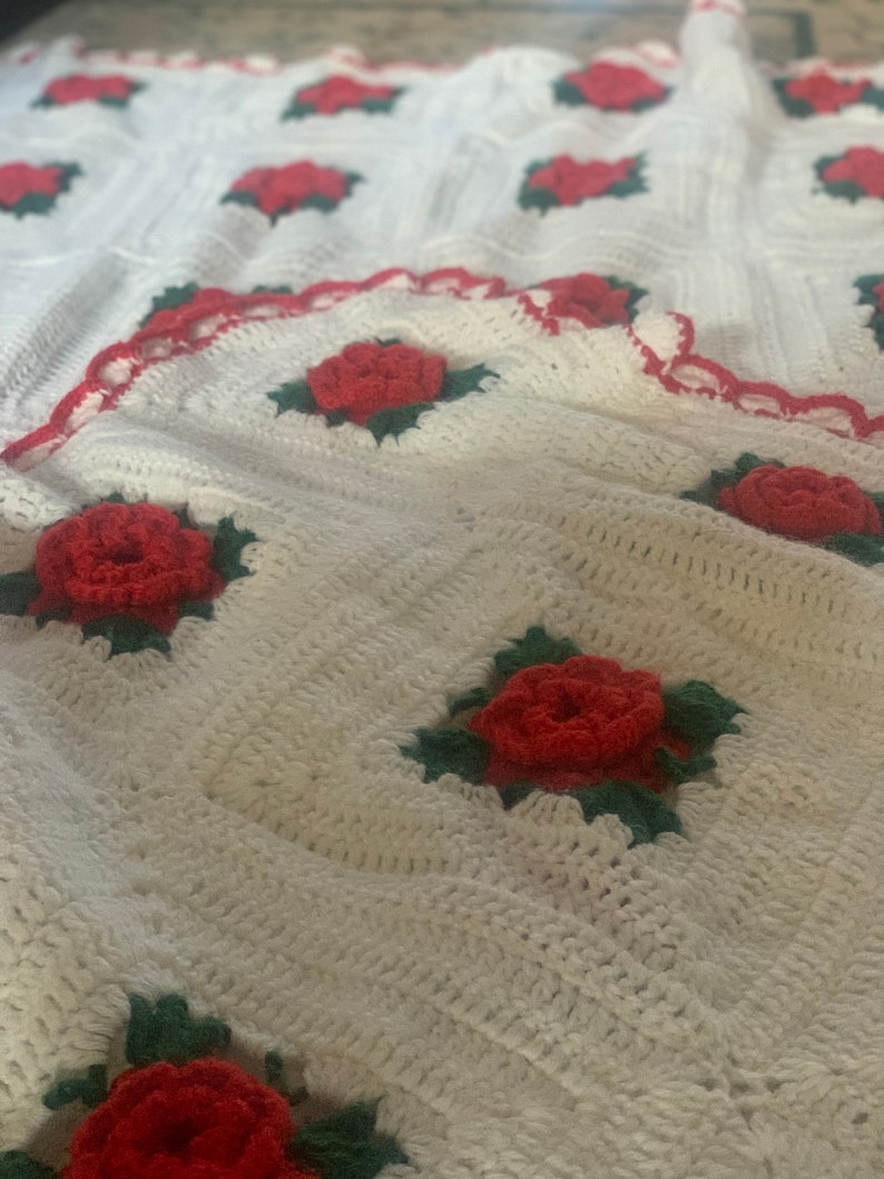Handmade Bedspread Crocheted Queen Size Blanket Rose Pattern Etsy