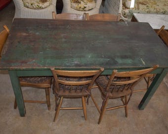 Antique Farmhouse Dining Kitchen Table Set Painted Green Primitive 6 Chairs