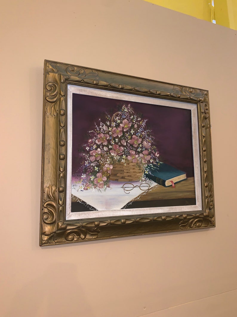 Vintage Framed Painting on Canvas Still Life Floral With Book - Etsy