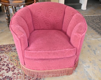 Vintage Barrel Back Lounge Chair Tub Club Dusty Rose Red Chair Fringe Skirt
