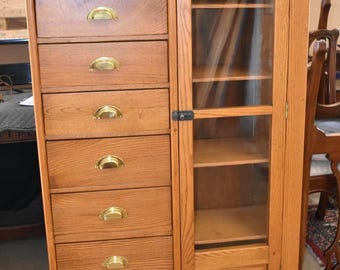Oak Display Cabinet With Door and Drawers