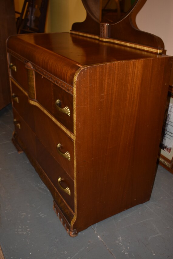 Mid Century Modern Art Deco Waterfall Full Size Bedroom Set Vintage Furniture