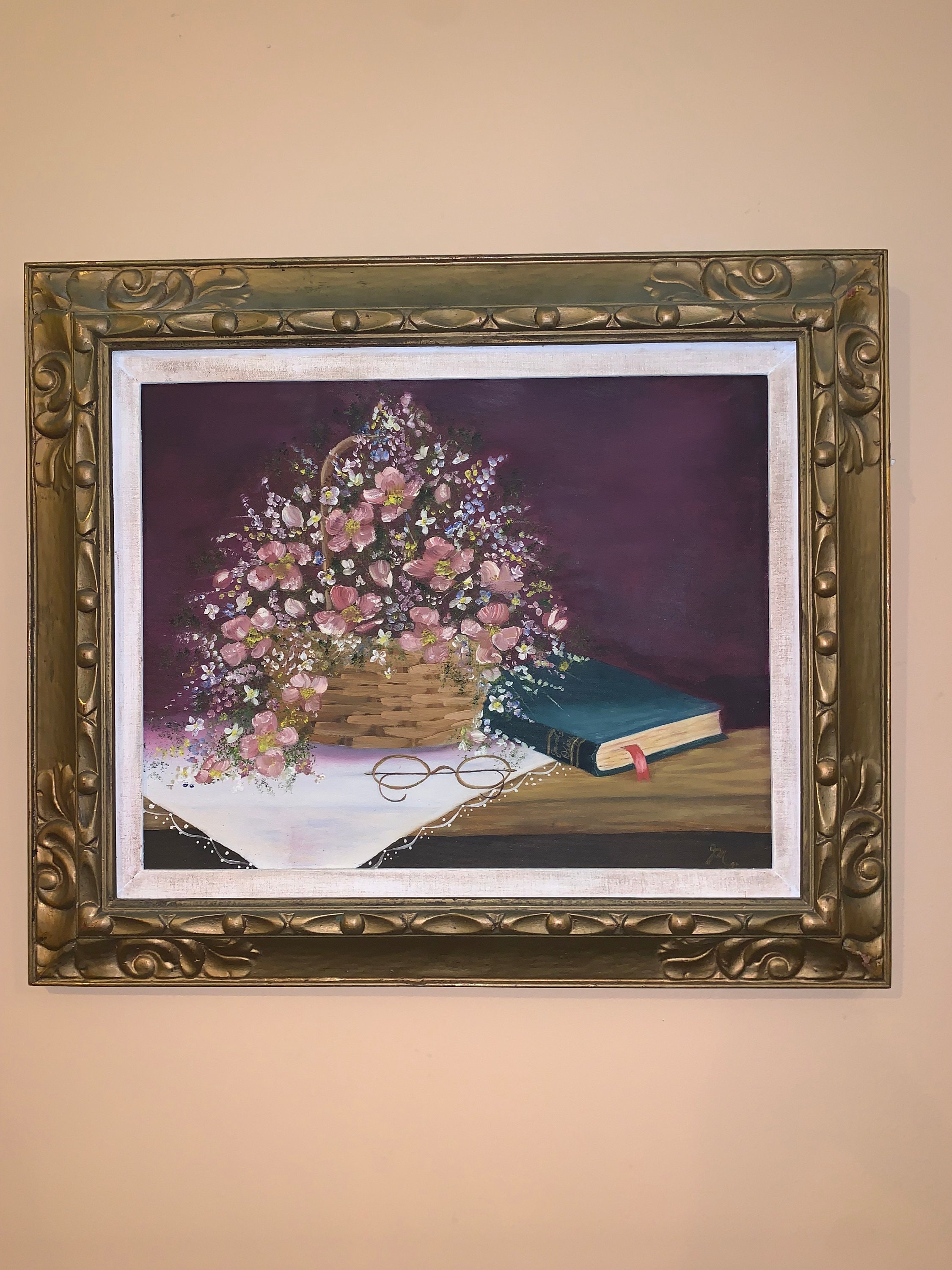 Vintage Framed Painting on Canvas Still Life Floral With Book - Etsy