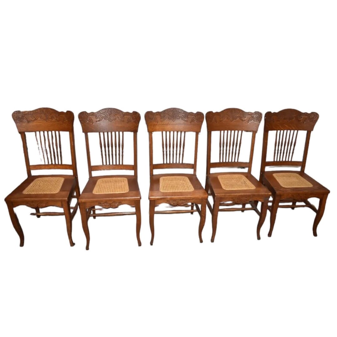 Antique Oak Pressback Dining Room Cain Seat Chairs, Set of 5 Pressed