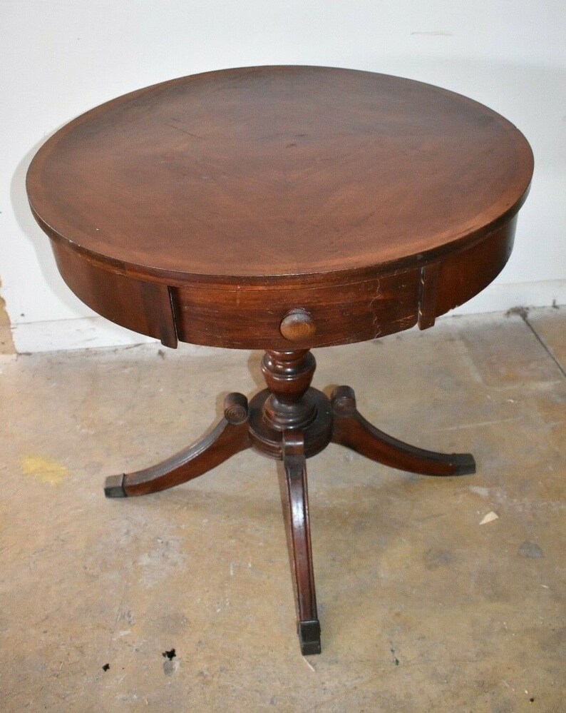 Antique Vintage Drum Side Table, Lex Chair Co. Duncan Phyfe Style 