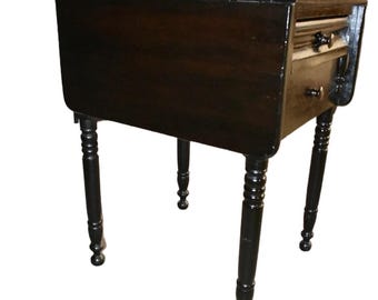 Antique Empire Style Drop Sides Table with Turned Legs Dark Ebonized Finish
