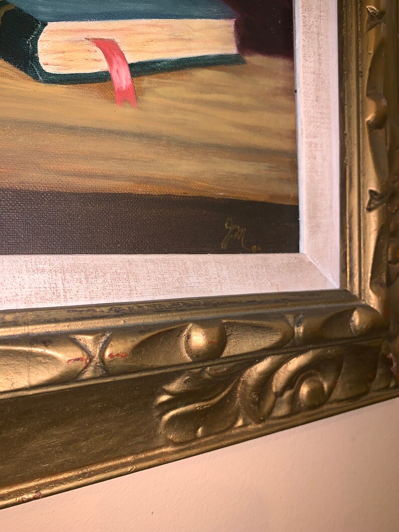 Vintage Framed Painting on Canvas Still Life Floral With Book - Etsy