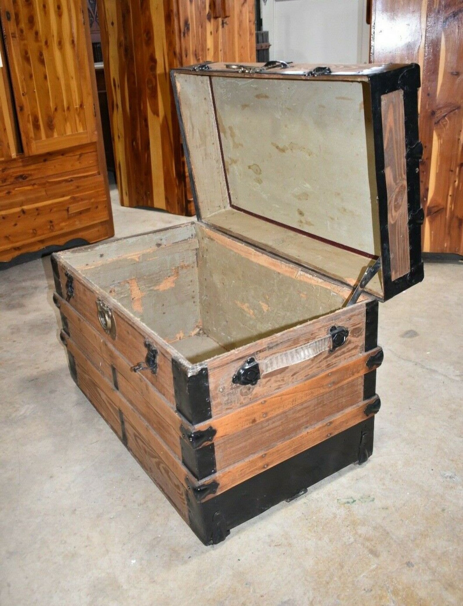 Refinished Antique Flat Top Wood Slat Brown Trunk Primitive Etsy